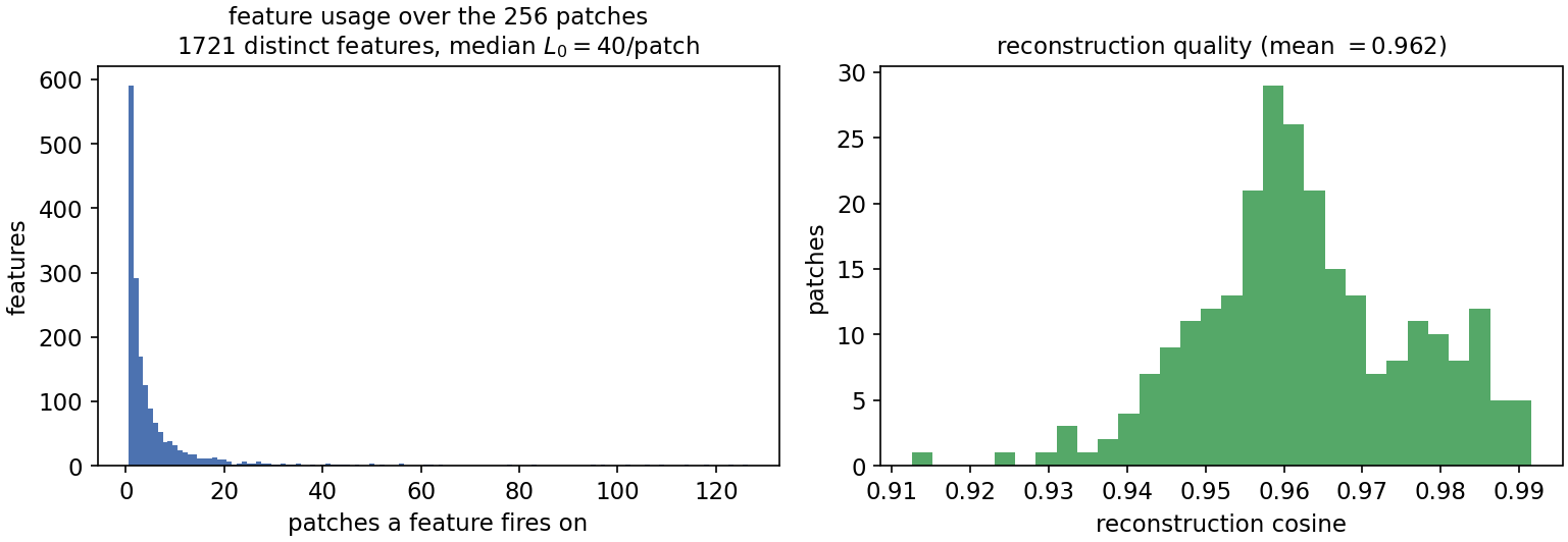 Feature usage and reconstruction quality across the 256 patches